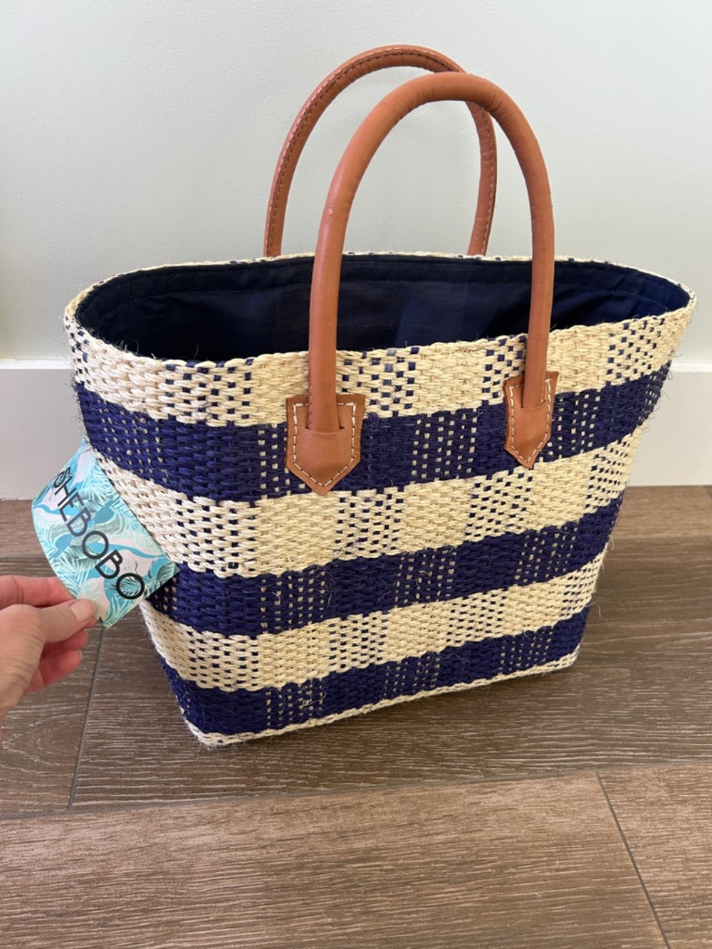 Striped Navy & Natural Woven Tote with Tan Leather Handles